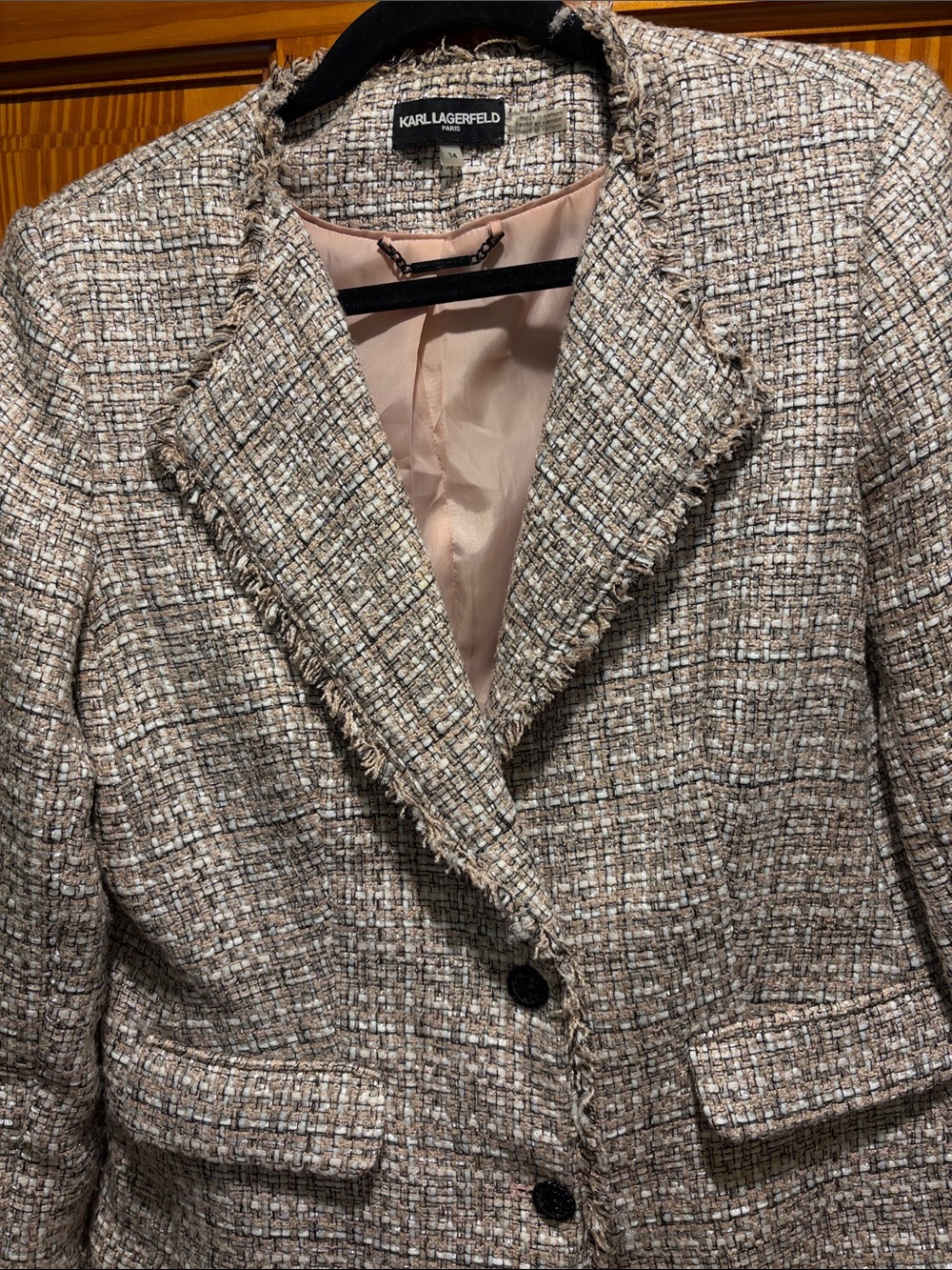 Karl Lagerfeld Beige Tweed Frayed-Edge Blazer Jacket